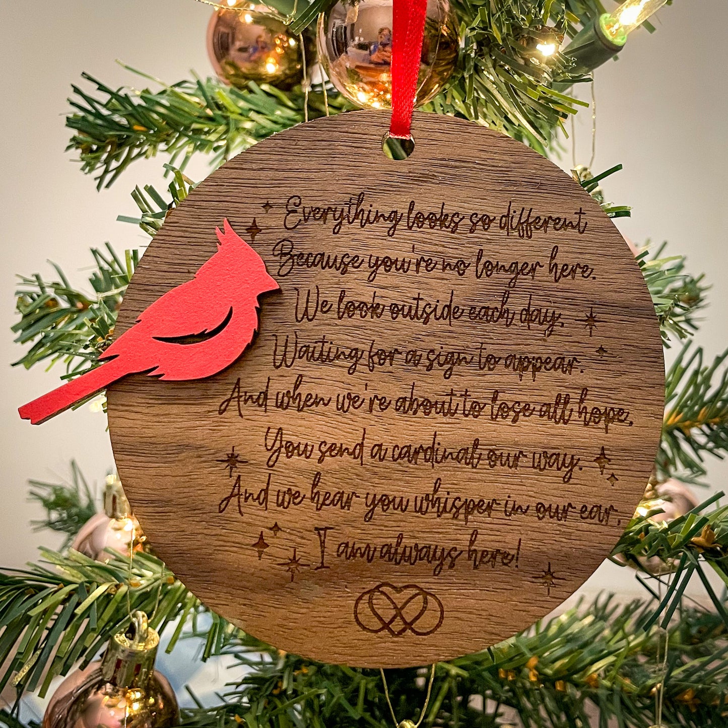 Cardinal Remembrance Ornament with Poem - Walnut & Basswood Memorial, Laser Engraved Sympathy Gift, Loved Ones Tribute Decor