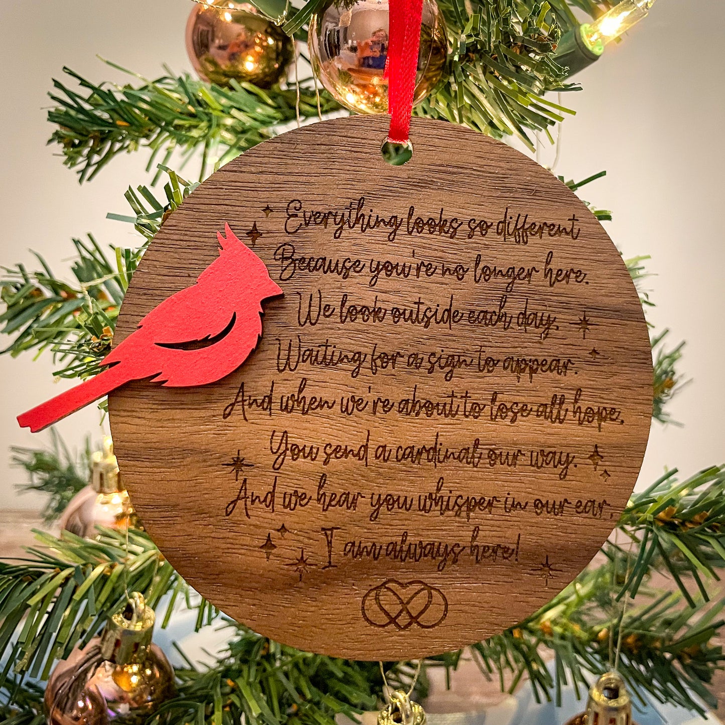 Cardinal Remembrance Ornament with Poem - Walnut & Basswood Memorial, Laser Engraved Sympathy Gift, Loved Ones Tribute Decor
