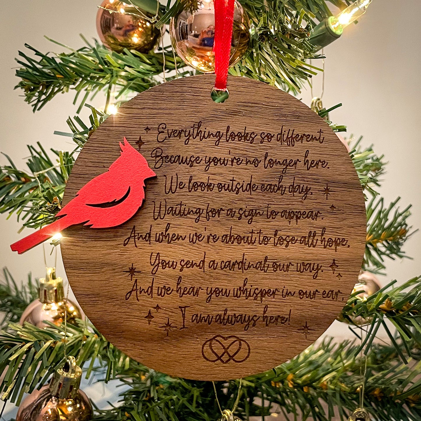 Cardinal Remembrance Ornament with Poem - Walnut & Basswood Memorial, Laser Engraved Sympathy Gift, Loved Ones Tribute Decor