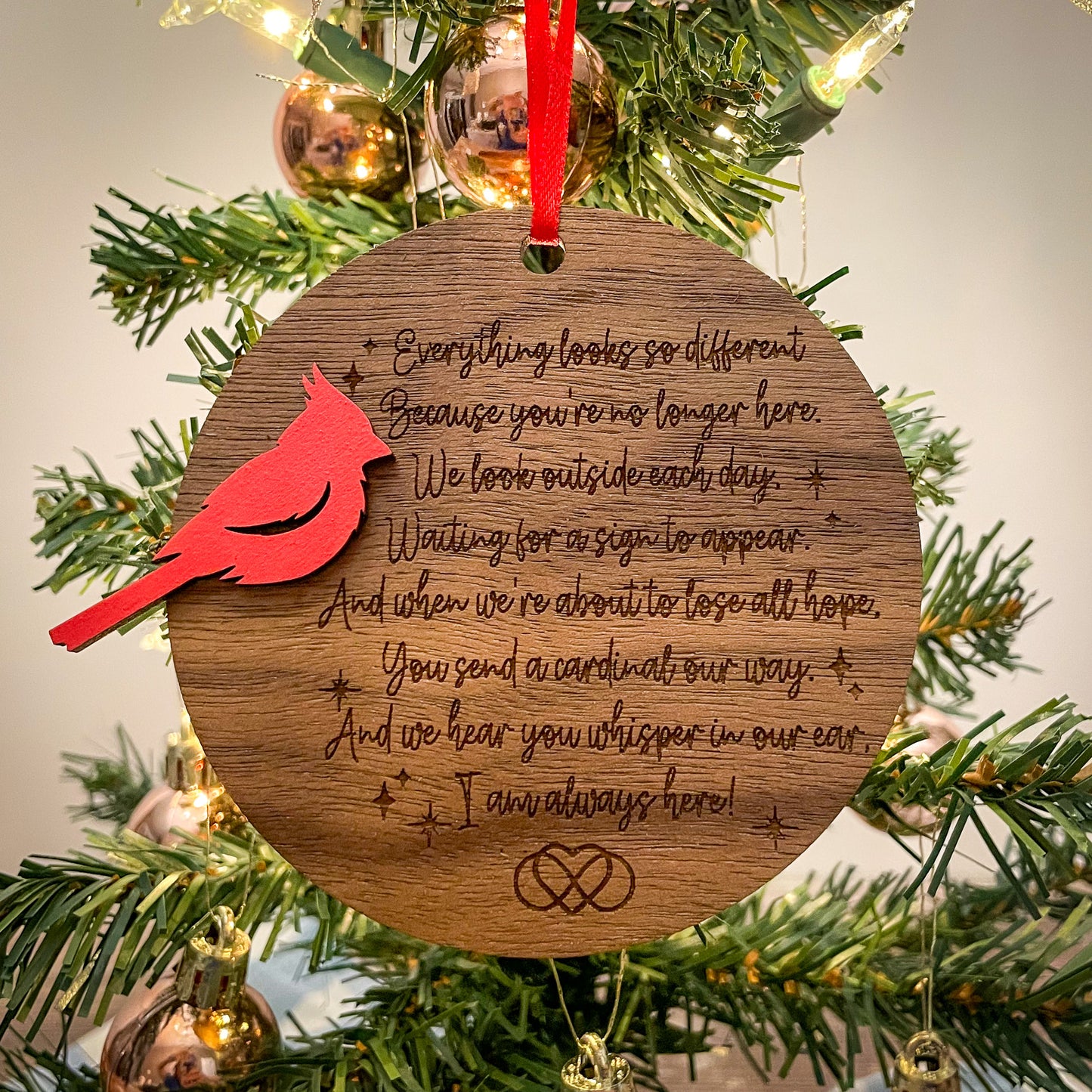 Cardinal Remembrance Ornament with Poem - Walnut & Basswood Memorial, Laser Engraved Sympathy Gift, Loved Ones Tribute Decor