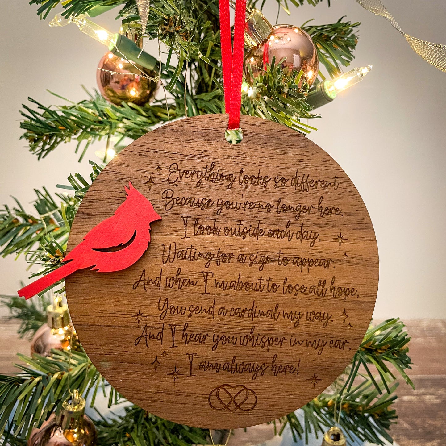 Cardinal Remembrance Ornament with Poem - Walnut & Basswood Memorial, Laser Engraved Sympathy Gift, Loved Ones Tribute Decor