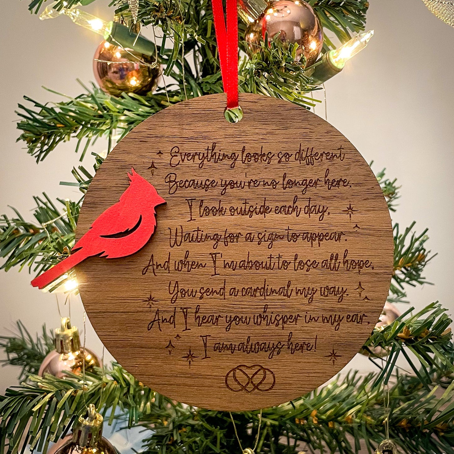 Cardinal Remembrance Ornament with Poem - Walnut & Basswood Memorial, Laser Engraved Sympathy Gift, Loved Ones Tribute Decor