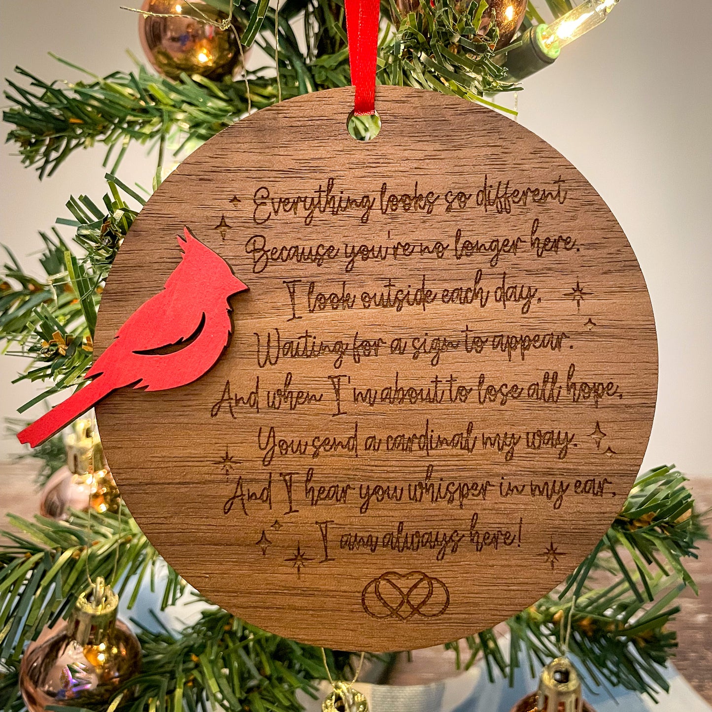 Cardinal Remembrance Ornament with Poem - Walnut & Basswood Memorial, Laser Engraved Sympathy Gift, Loved Ones Tribute Decor