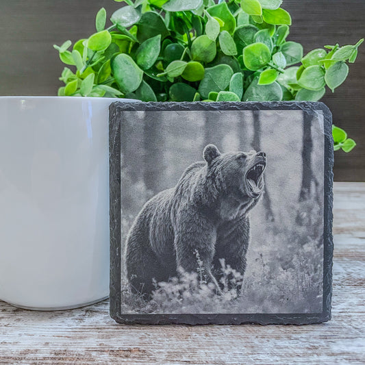 Slate Coasters with Bear Wildlife Scenes – Rustic Drink Coasters for Nature Lovers, Cabin Décor, and Gifts