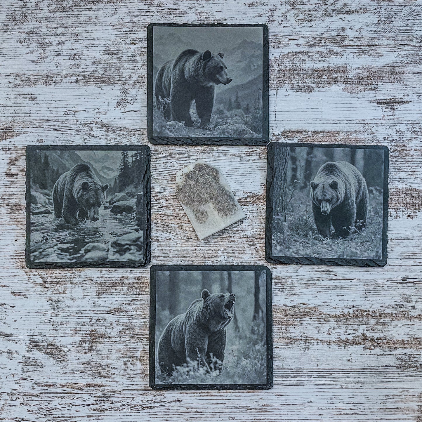 Slate Coasters with Bear Wildlife Scenes – Rustic Drink Coasters for Nature Lovers, Cabin Décor, and Gifts