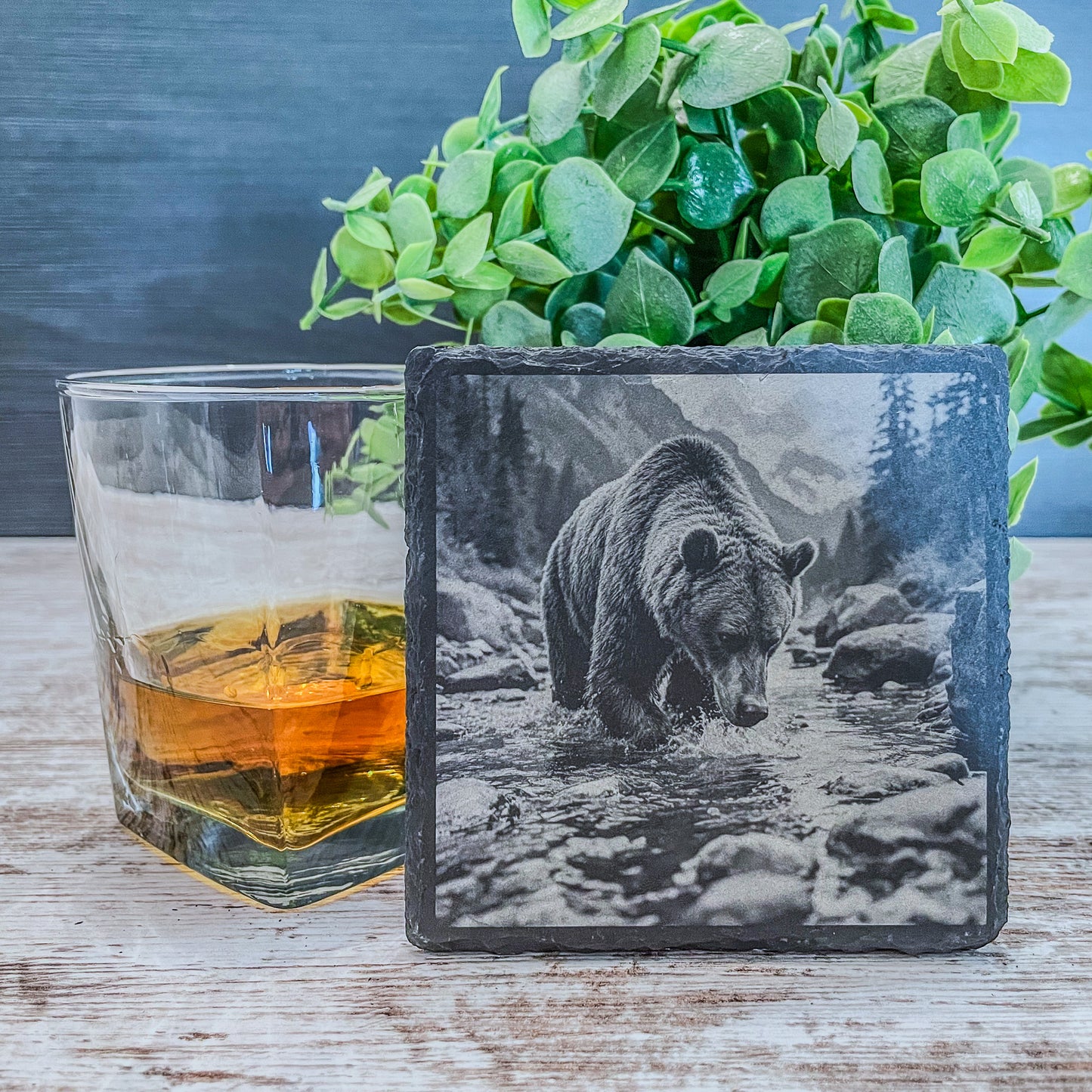 Slate Coasters with Bear Wildlife Scenes – Rustic Drink Coasters for Nature Lovers, Cabin Décor, and Gifts