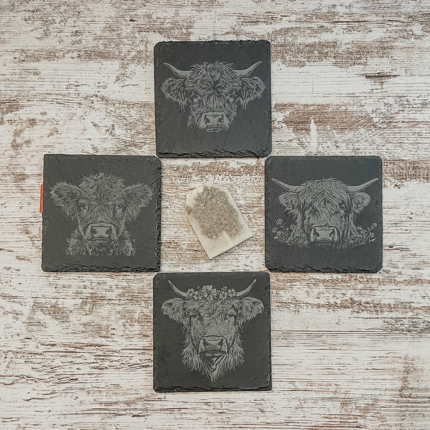 Charming Highland Cow Slate Coaster Set – Rustic Style, Set of 4