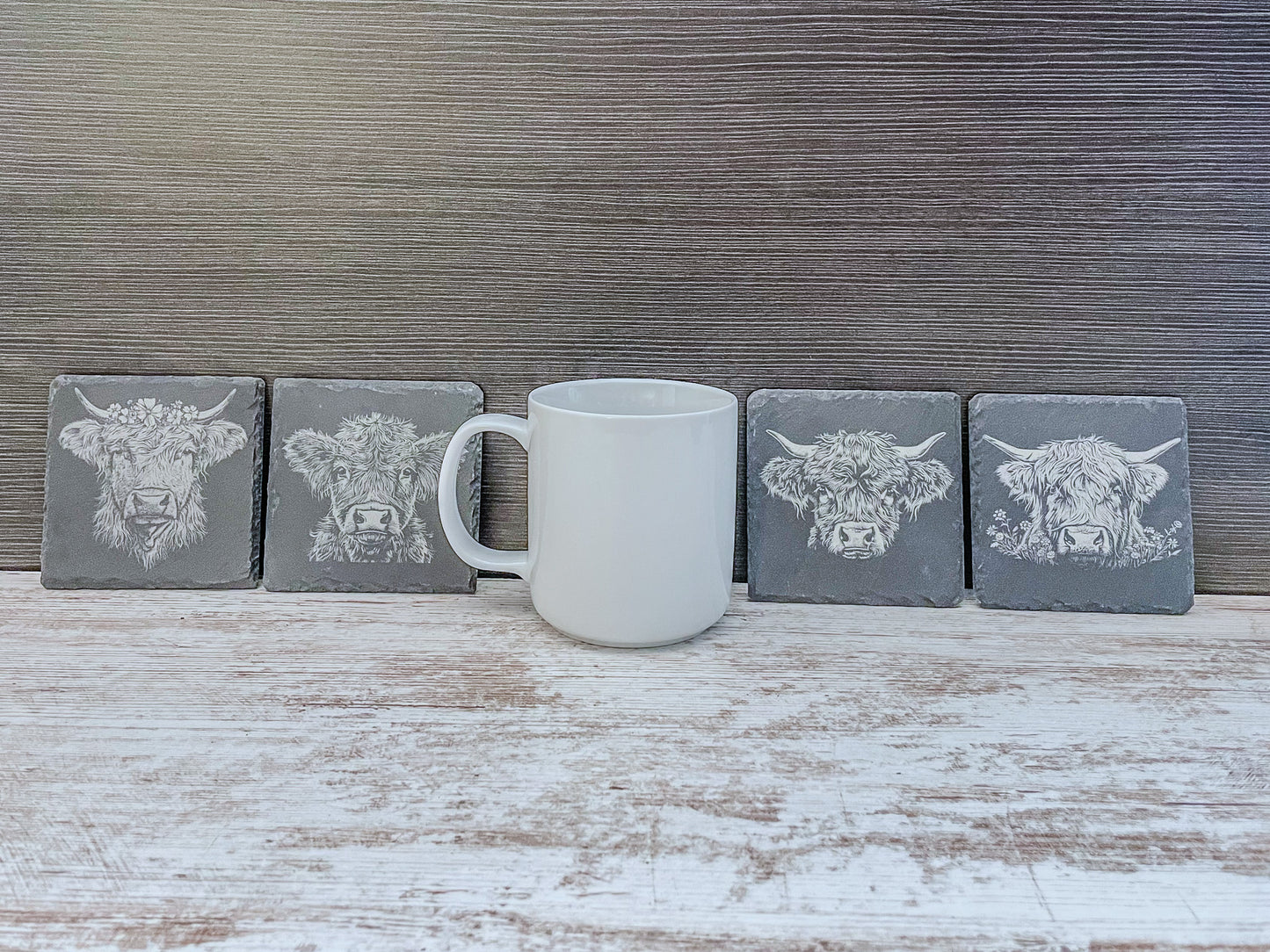 Charming Highland Cow Slate Coaster Set – Rustic Style, Set of 4