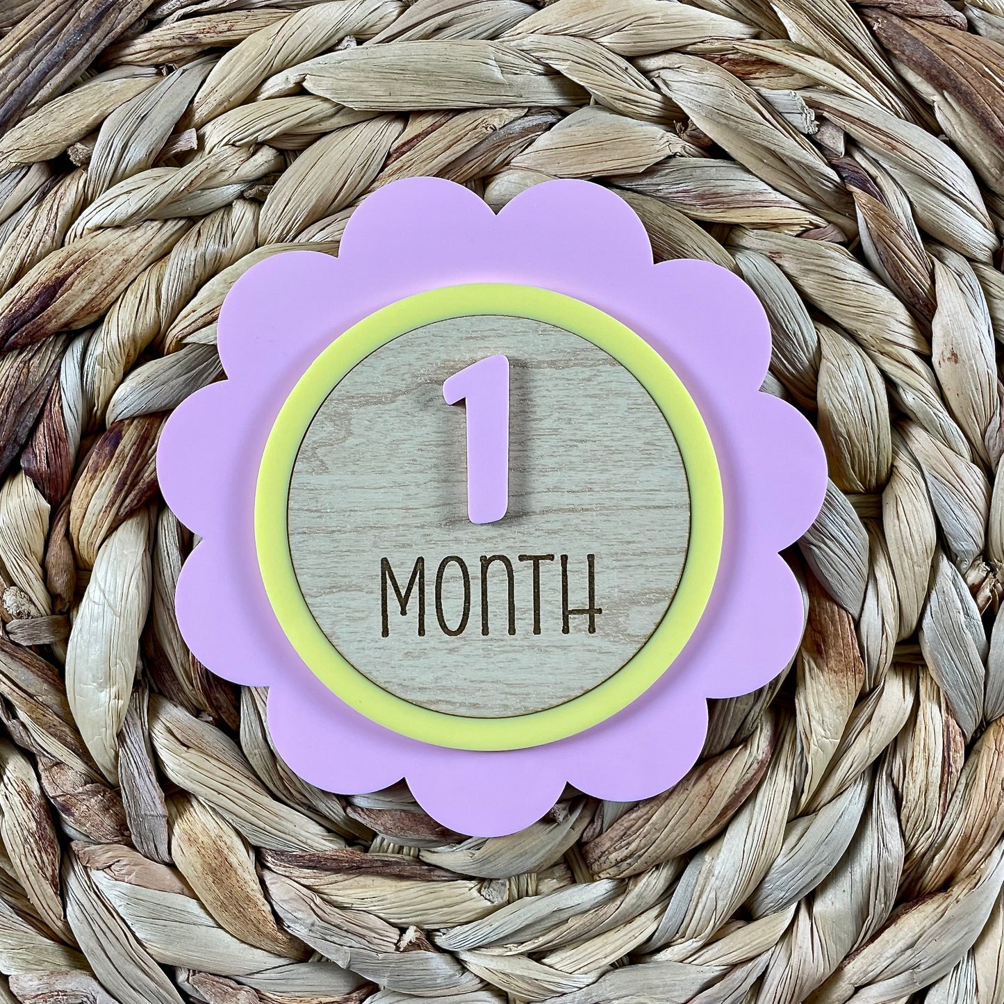 Flower Baby Milestone Set β Personalized Monthly Markers for Baby Photos β Wooden Disc Keepsake β Acrylic Number Set β Name Add-On