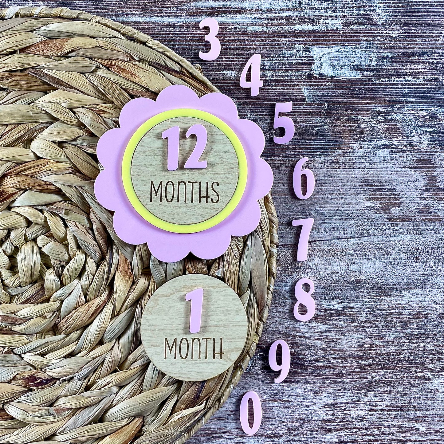 Flower Baby Milestone Set β Personalized Monthly Markers for Baby Photos β Wooden Disc Keepsake β Acrylic Number Set β Name Add-On