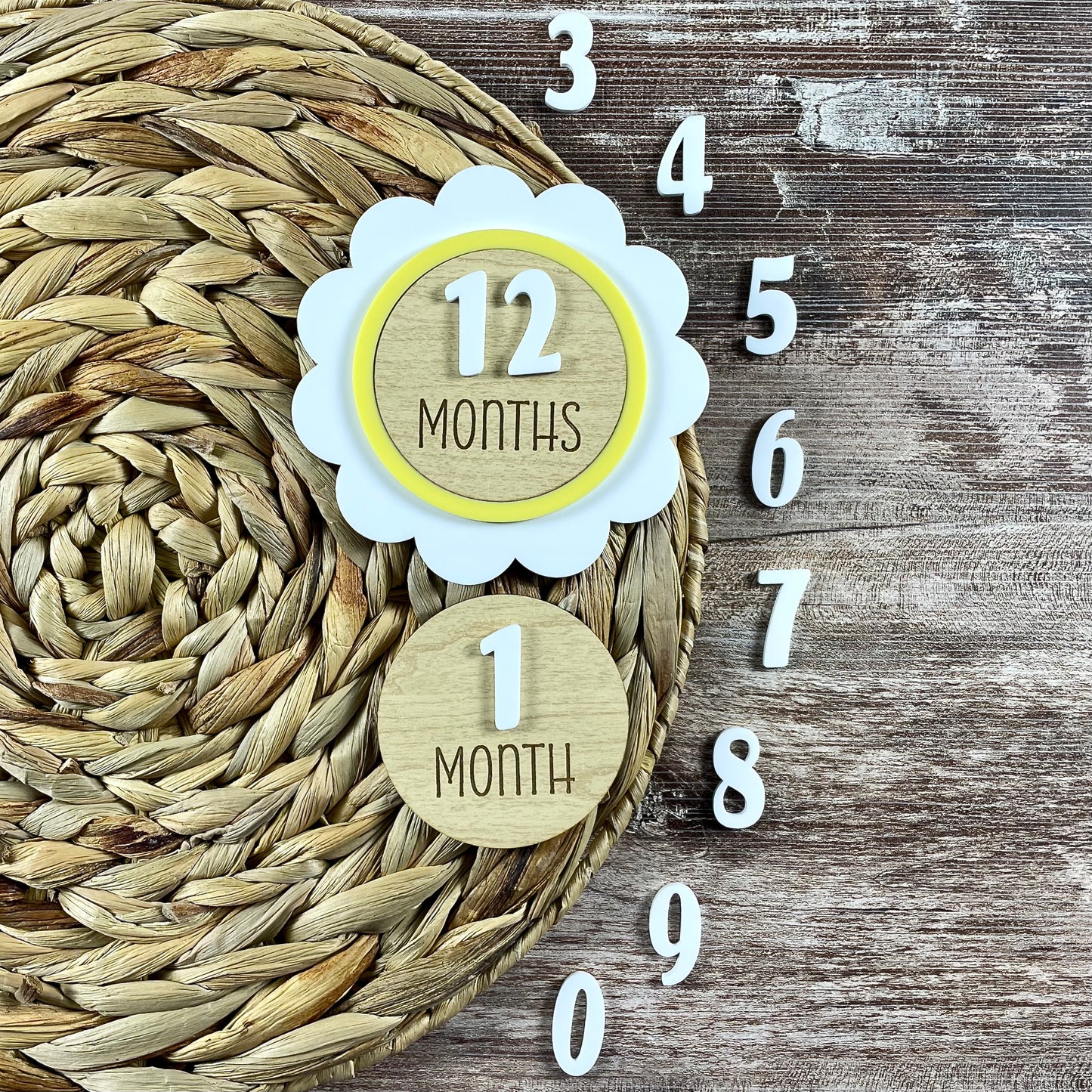 Flower Baby Milestone Set β Personalized Monthly Markers for Baby Photos β Wooden Disc Keepsake β Acrylic Number Set β Name Add-On