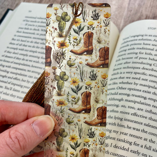 Western Boots Bookmark | Cowgirl Gift | Floral Cactus Reading Accessory | Rustic Bookmark with Tassel | Country Girl Gift Idea