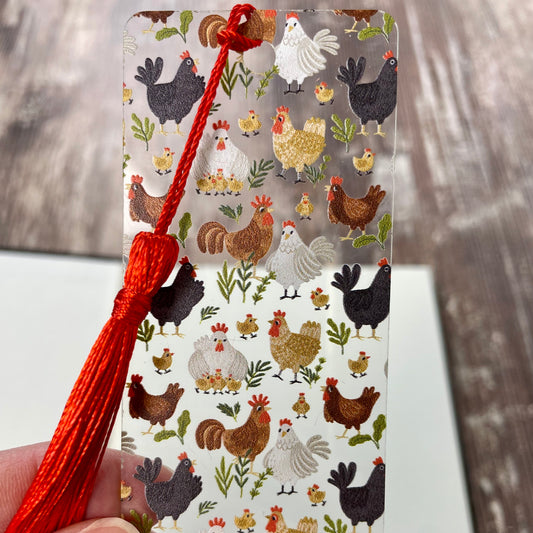 Chicken Bookmark | Farm Animal Reading Gift | Hen & Rooster Pattern with Tassel | Funny Bookmark for Women or Kids