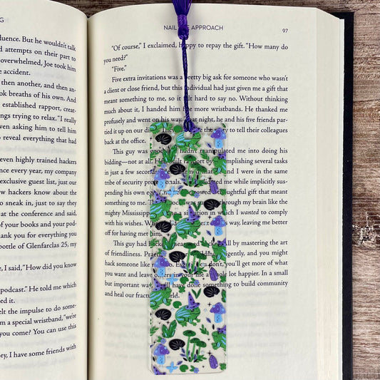 Cute Frog Bookmark with Mushrooms and Crystals | Fun Reading Gift for Kids & Book Lovers | Fantasy Bookmark with Tassel