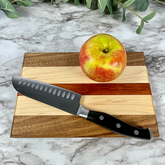 Padauk, Walnut, and Maple Cutting Board | Three-Tone Wood Charcuterie Board | Unique Anniversary Gift | Handmade Kitchen Decor