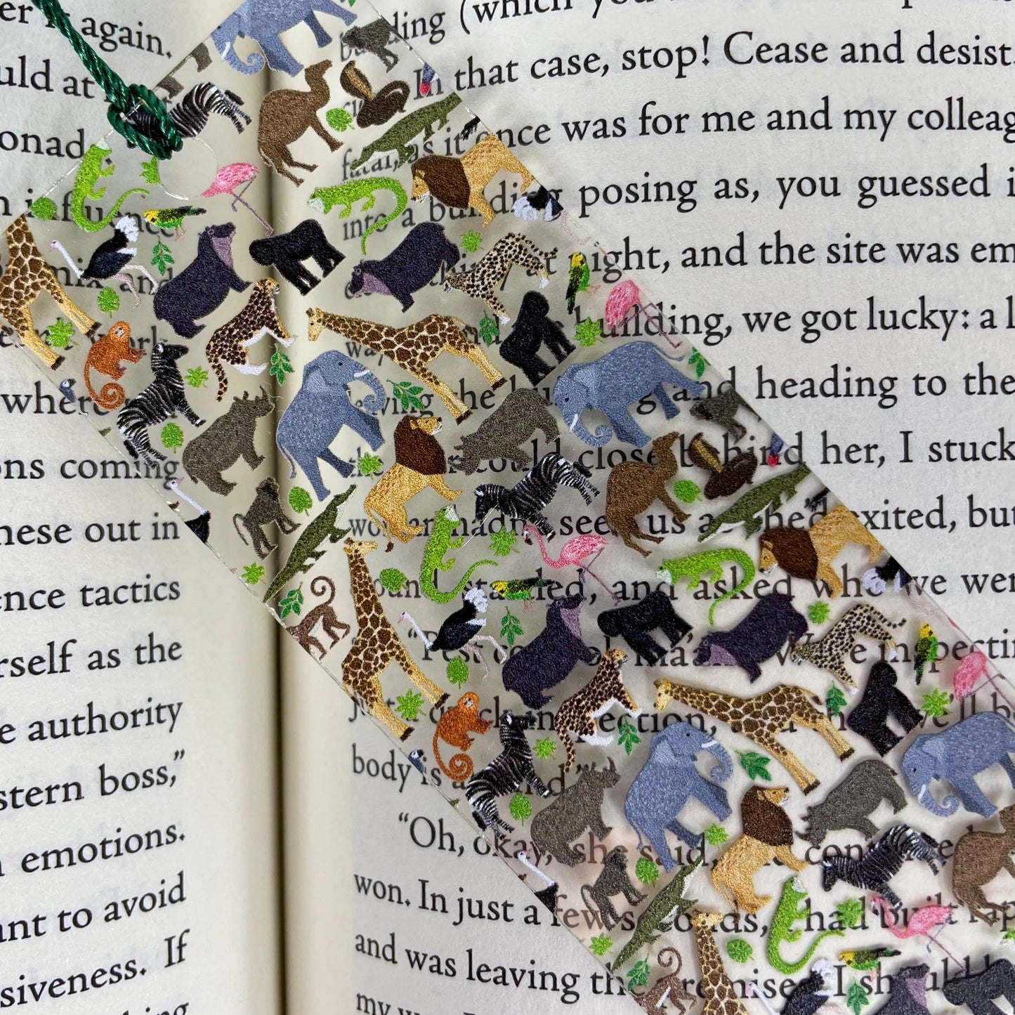 Zoo Animals Bookmark with Green Tassel – Fun Safari Jungle Gift for Readers, Kids, Teachers, Book Clubs