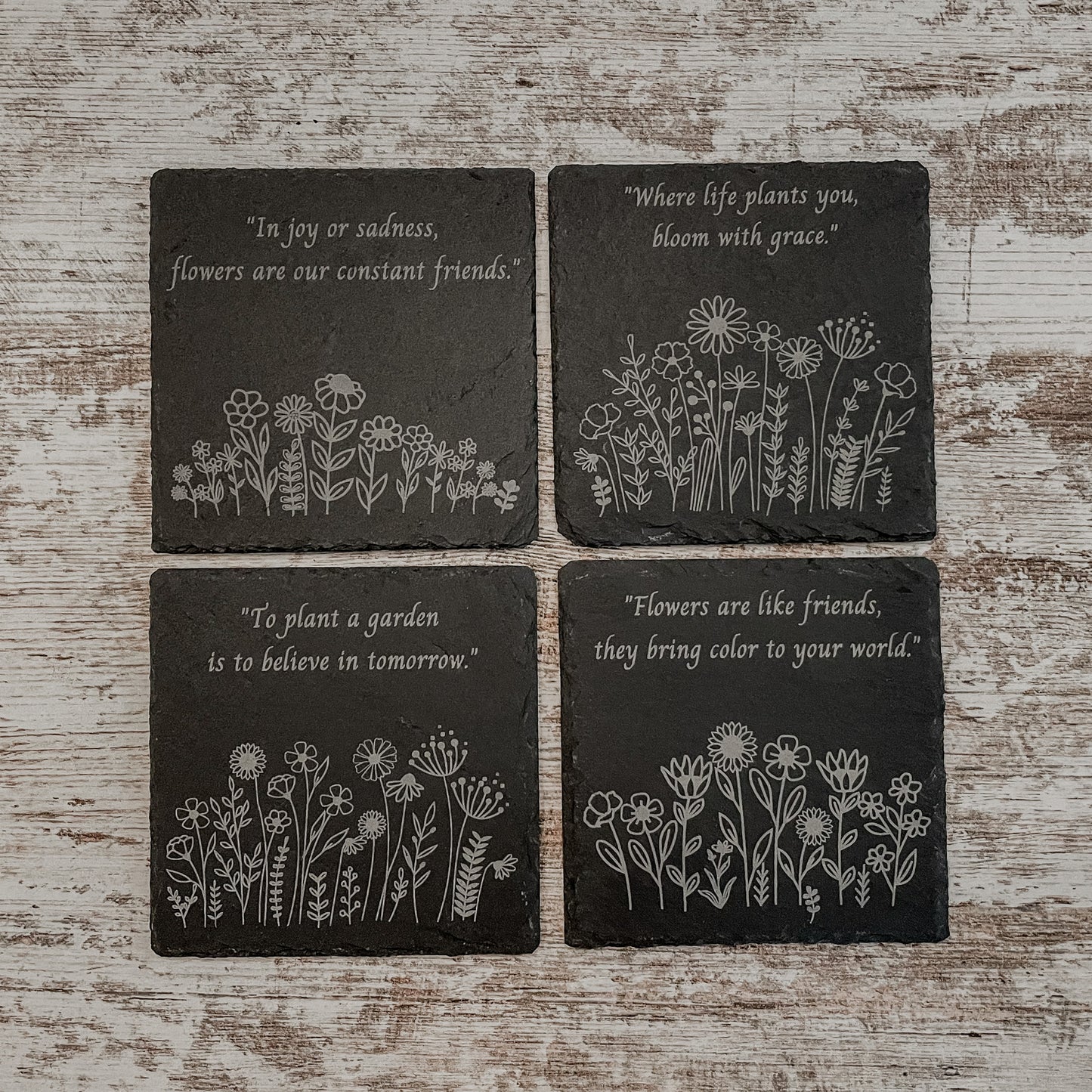 Wildflower Laser Engraved Slate Coasters with Inspirational Sayings – Perfect Gift Idea