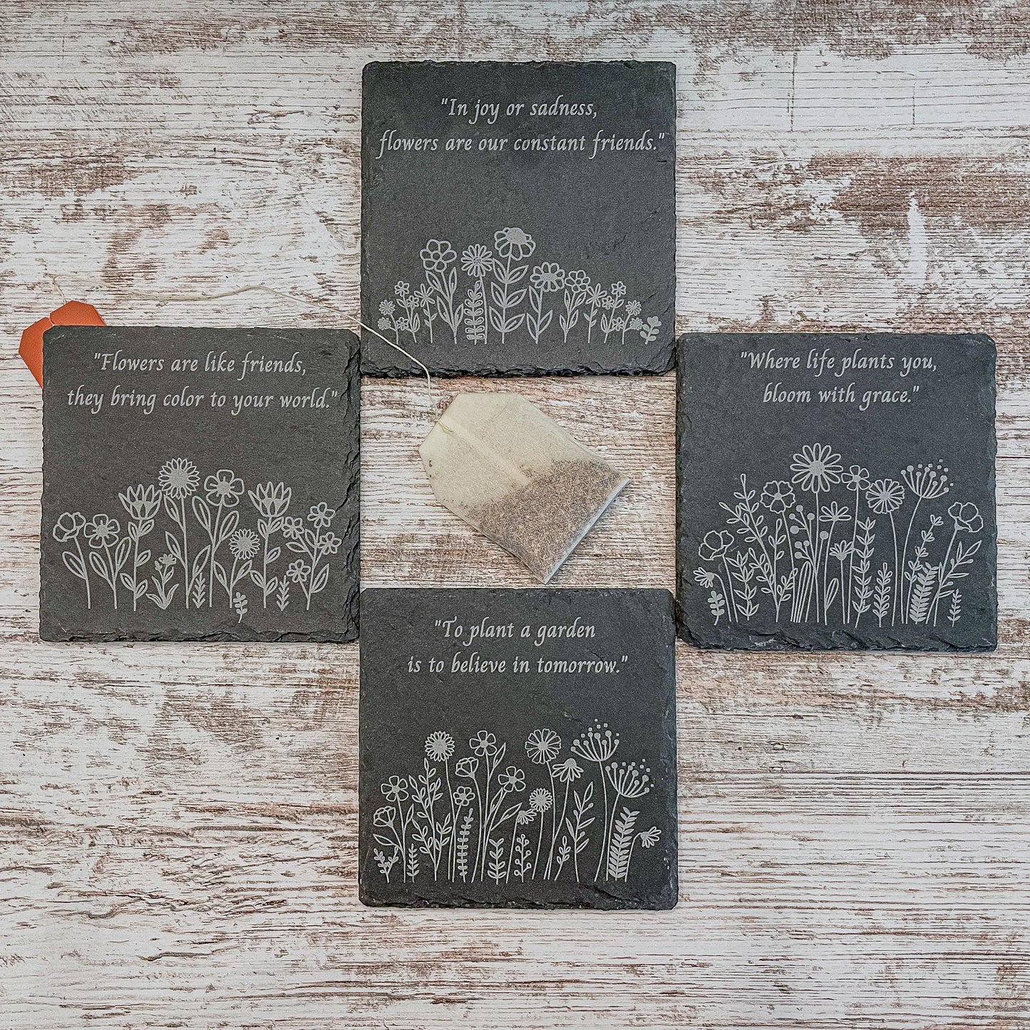 Wildflower Laser Engraved Slate Coasters with Inspirational Sayings – Perfect Gift Idea