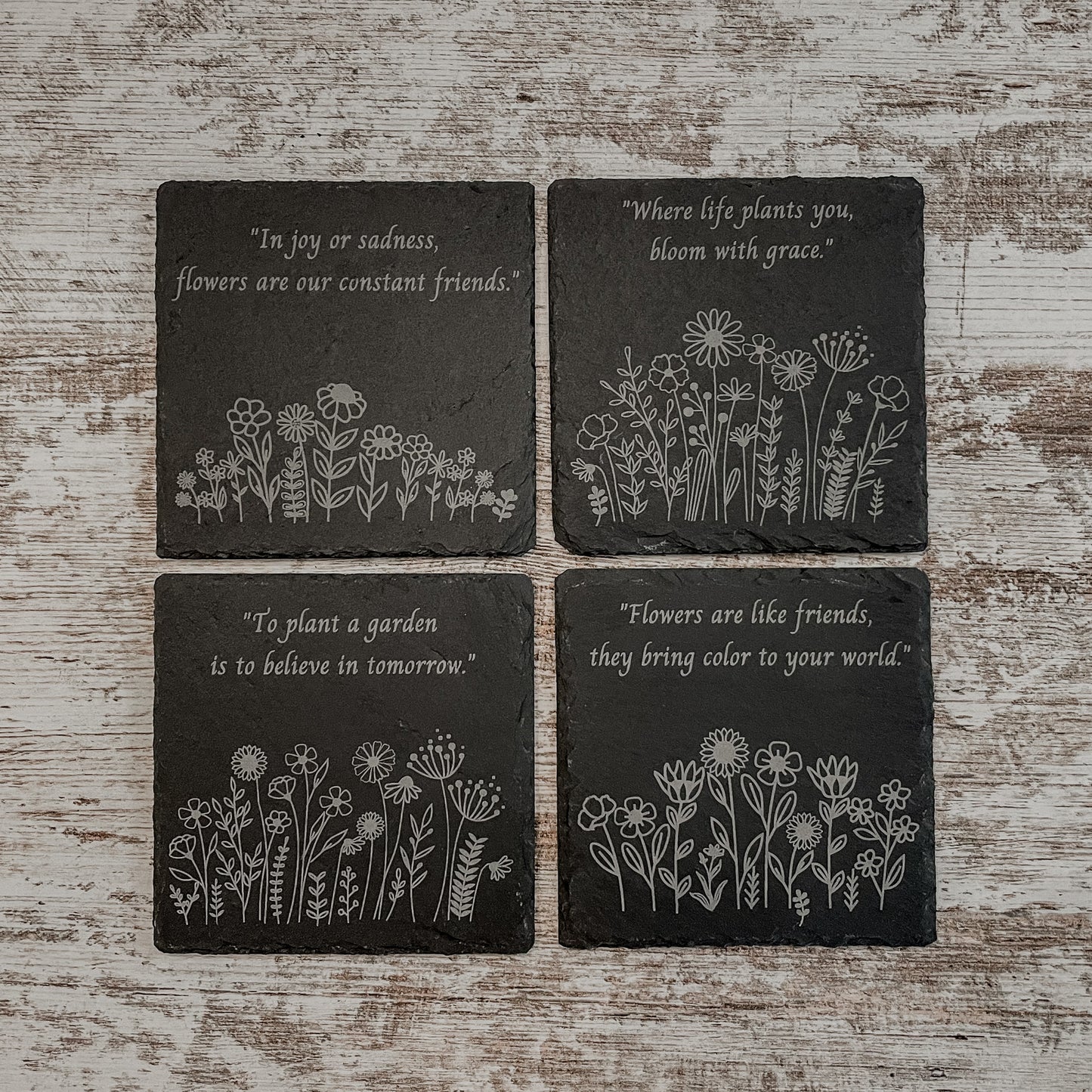 Wildflower Laser Engraved Slate Coasters with Inspirational Sayings – Perfect Gift Idea