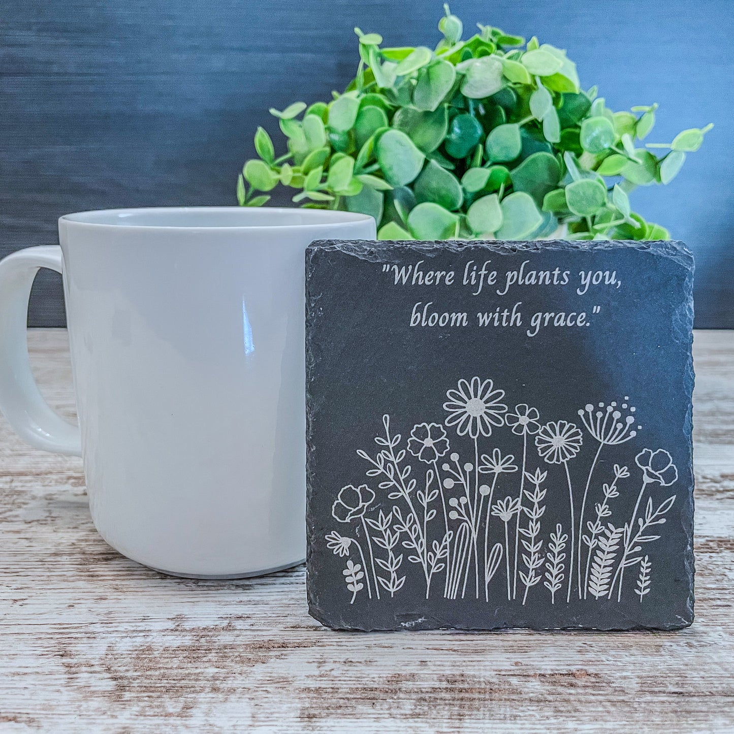 Wildflower Laser Engraved Slate Coasters with Inspirational Sayings – Perfect Gift Idea