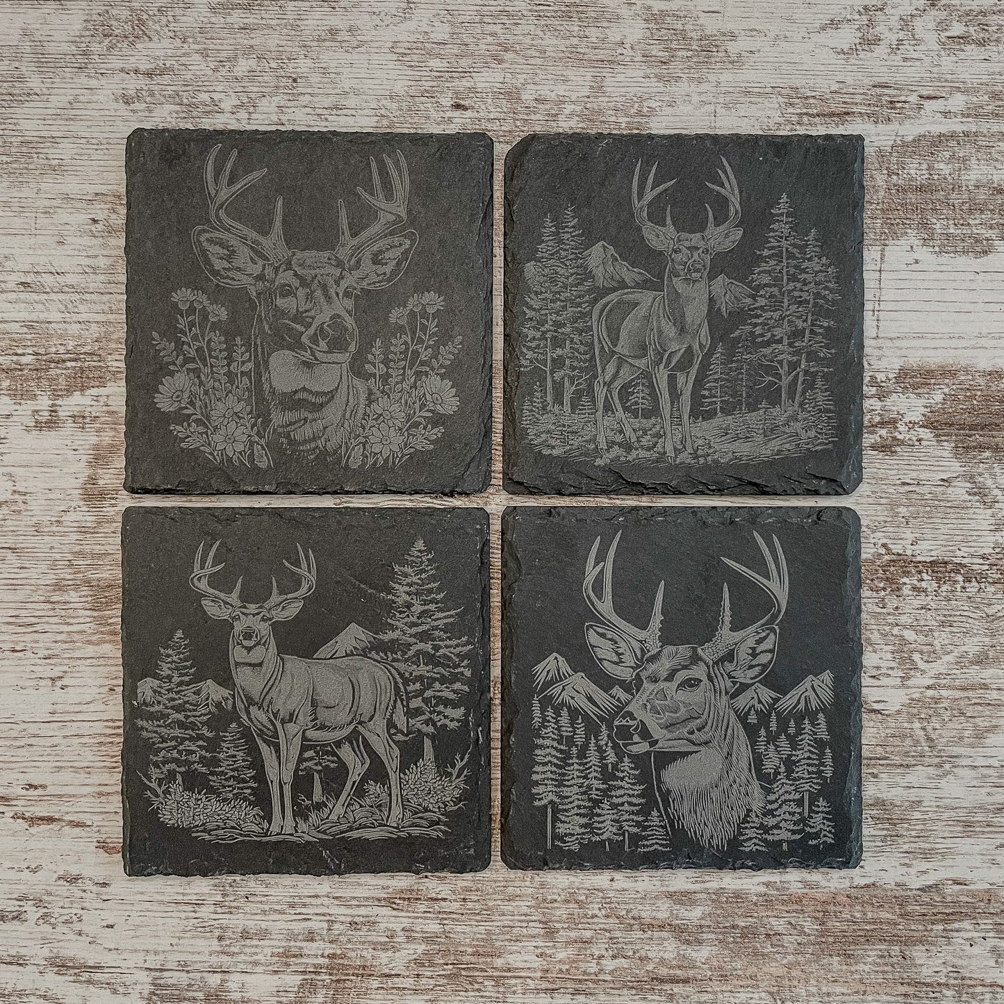 Elevate Your Home Décor with Our Four-Pack Slate Coasters Featuring Stunning Deer Scenes