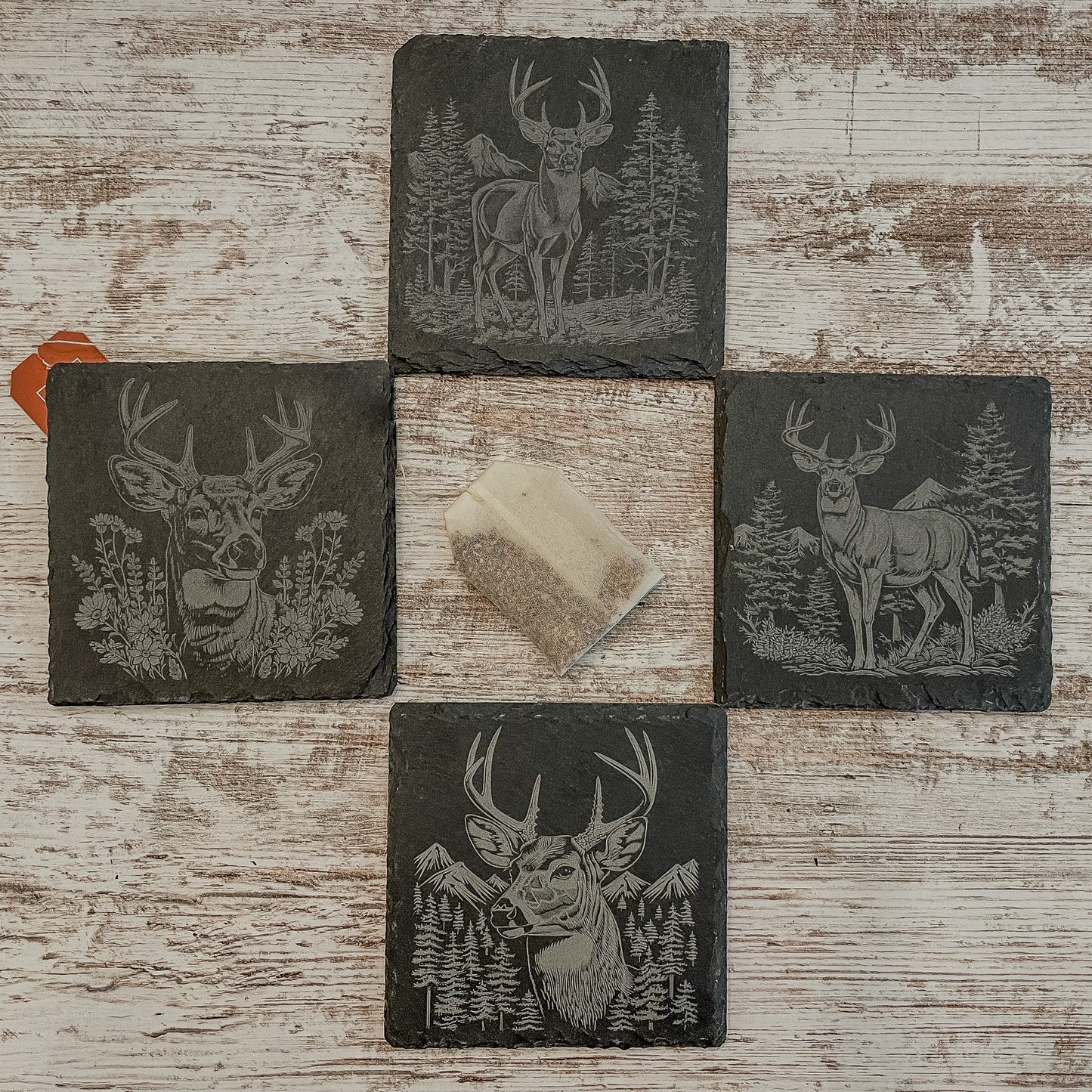 Elevate Your Home Décor with Our Four-Pack Slate Coasters Featuring Stunning Deer Scenes