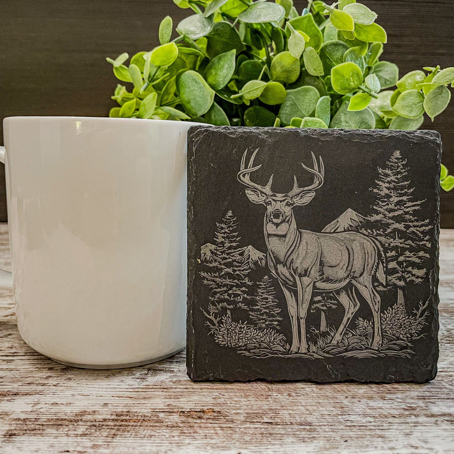Elevate Your Home Décor with Our Four-Pack Slate Coasters Featuring Stunning Deer Scenes