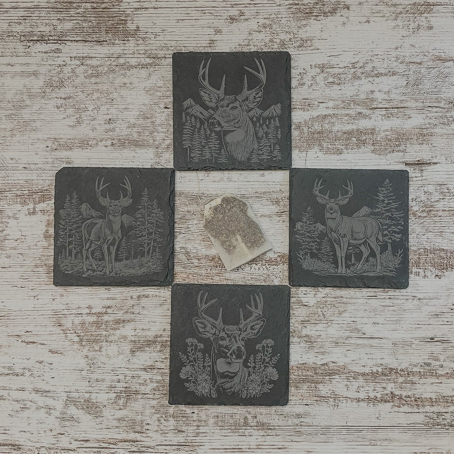 Elevate Your Home Décor with Our Four-Pack Slate Coasters Featuring Stunning Deer Scenes
