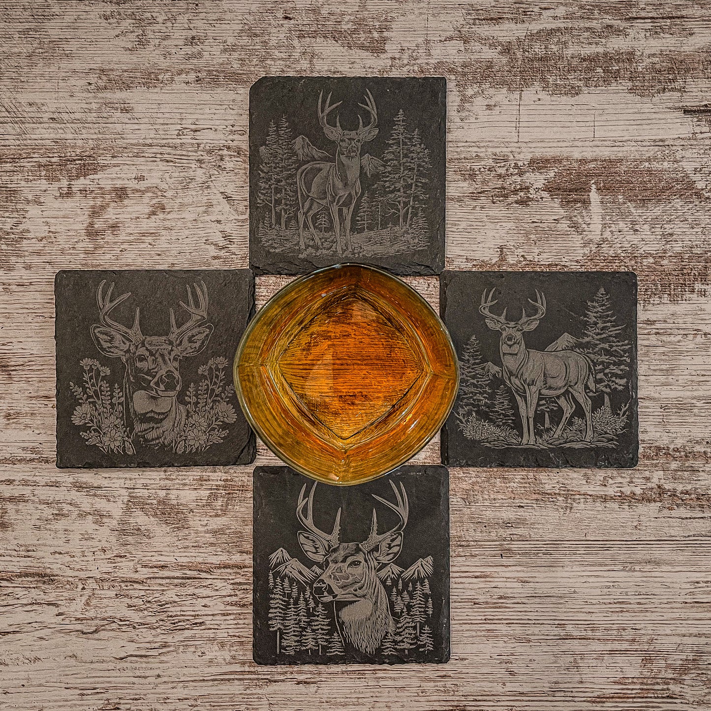 Elevate Your Home Décor with Our Four-Pack Slate Coasters Featuring Stunning Deer Scenes