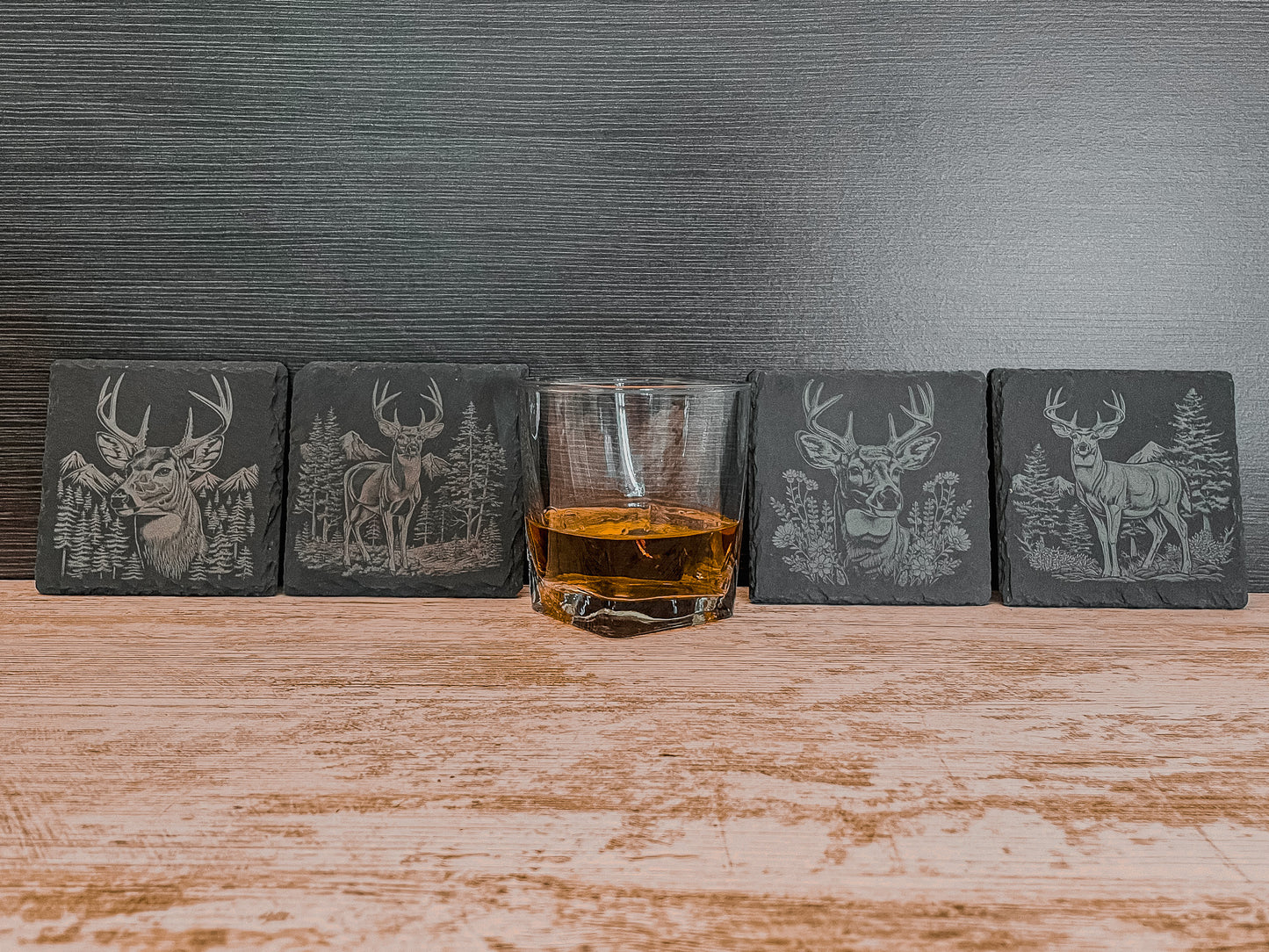 Elevate Your Home Décor with Our Four-Pack Slate Coasters Featuring Stunning Deer Scenes