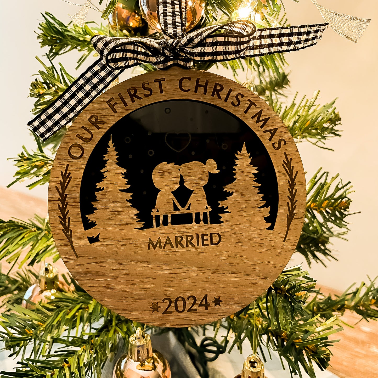 First Christmas Married Walnut & Acrylic Layered Ornament – Custom Holiday Keepsake Gift