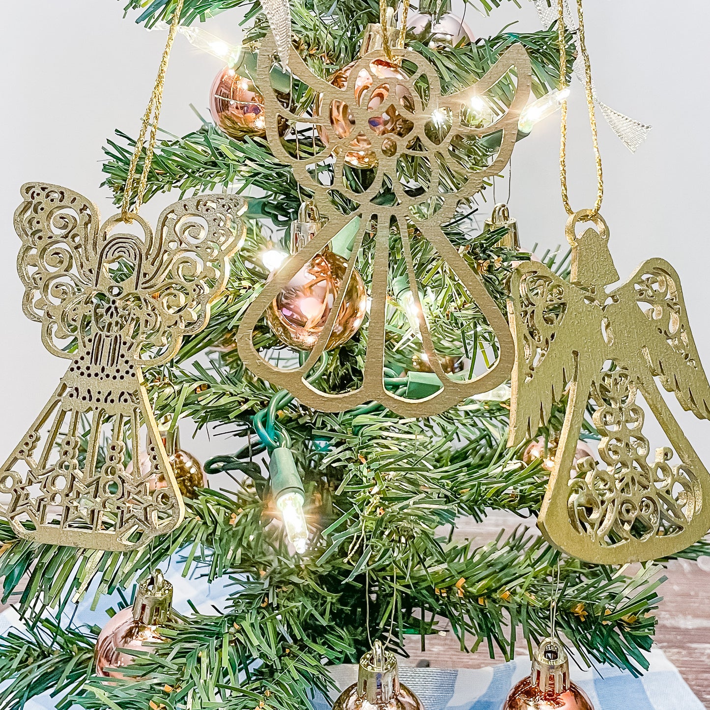 Set of 9 Laser Cut Painted Angel Ornaments - Christmas Tree Decorations, Wooden Holiday Gifts, Elegant Angelic Décor