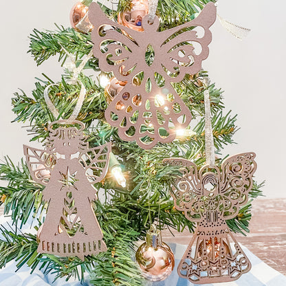 Set of 9 Laser Cut Painted Angel Ornaments - Christmas Tree Decorations, Wooden Holiday Gifts, Elegant Angelic Décor