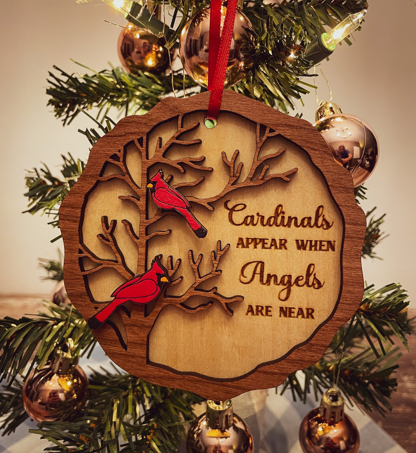 Cardinal Remembrance Ornament - Cherry & Basswood Memorial, Laser Engraved Sympathy Gift, Loved Ones Tribute Christmas Decor