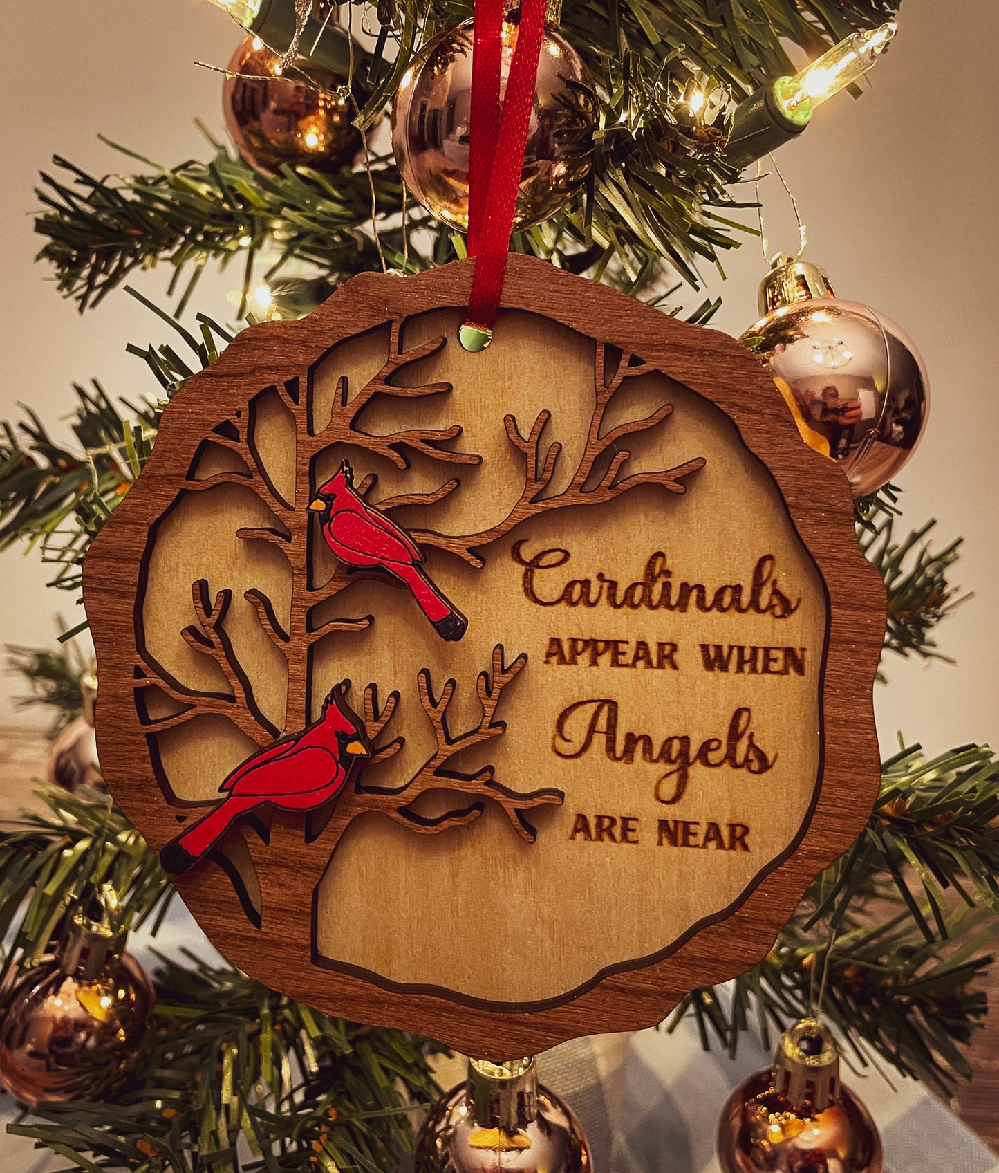 Cardinal Remembrance Ornament - Cherry & Basswood Memorial, Laser Engraved Sympathy Gift, Loved Ones Tribute Christmas Decor