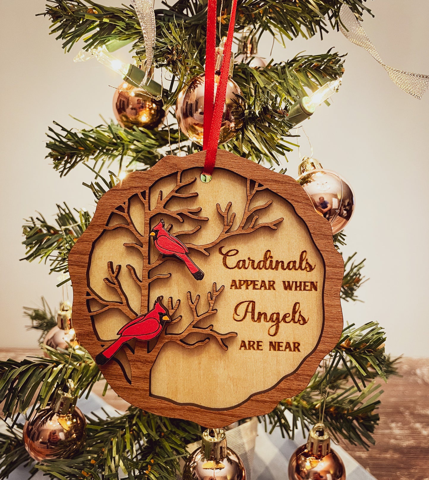 Cardinal Remembrance Ornament - Cherry & Basswood Memorial, Laser Engraved Sympathy Gift, Loved Ones Tribute Christmas Decor