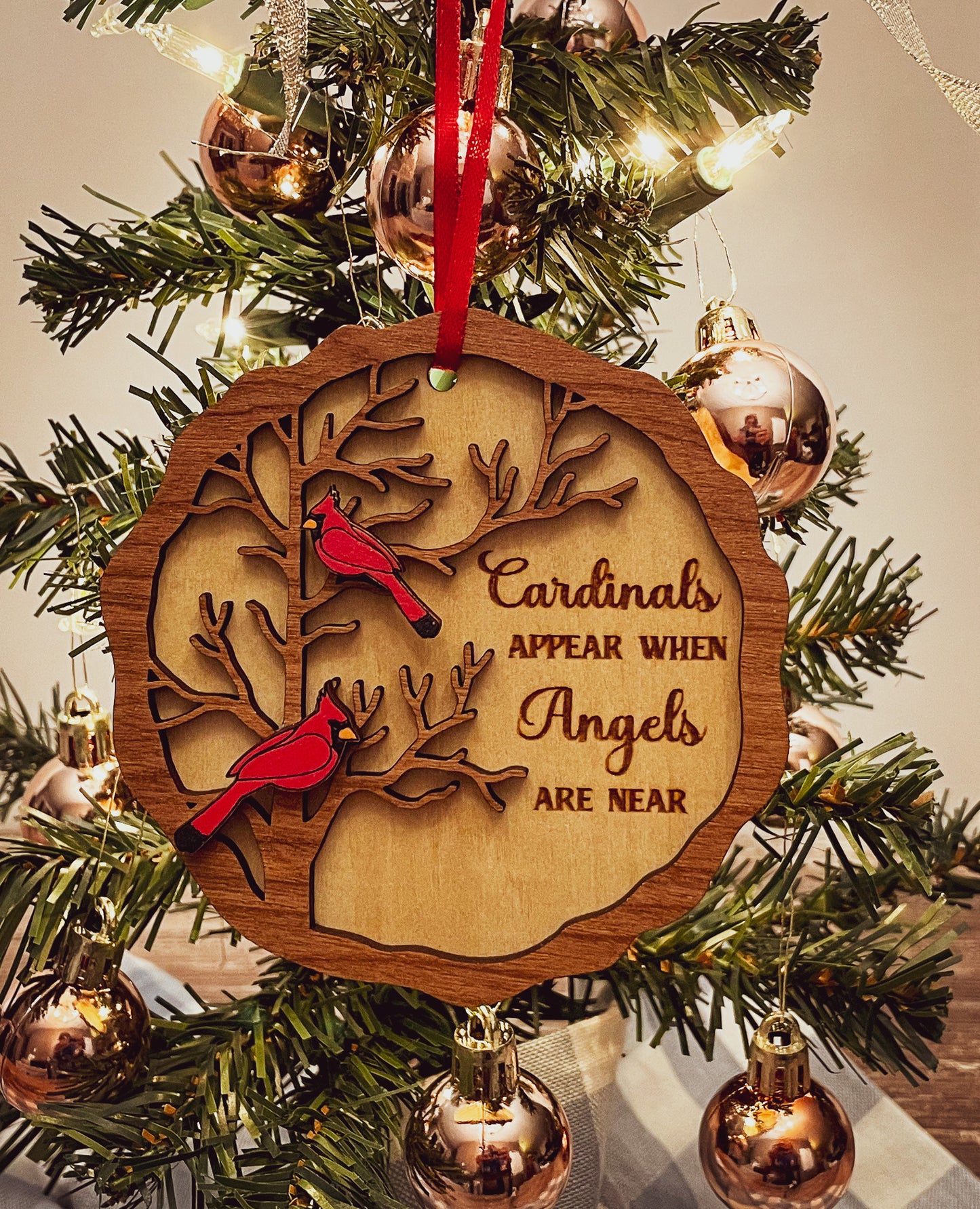 Cardinal Remembrance Ornament - Cherry & Basswood Memorial, Laser Engraved Sympathy Gift, Loved Ones Tribute Christmas Decor