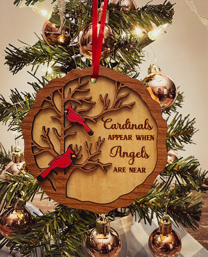 Cardinal Remembrance Ornament - Cherry & Basswood Memorial, Laser Engraved Sympathy Gift, Loved Ones Tribute Christmas Decor