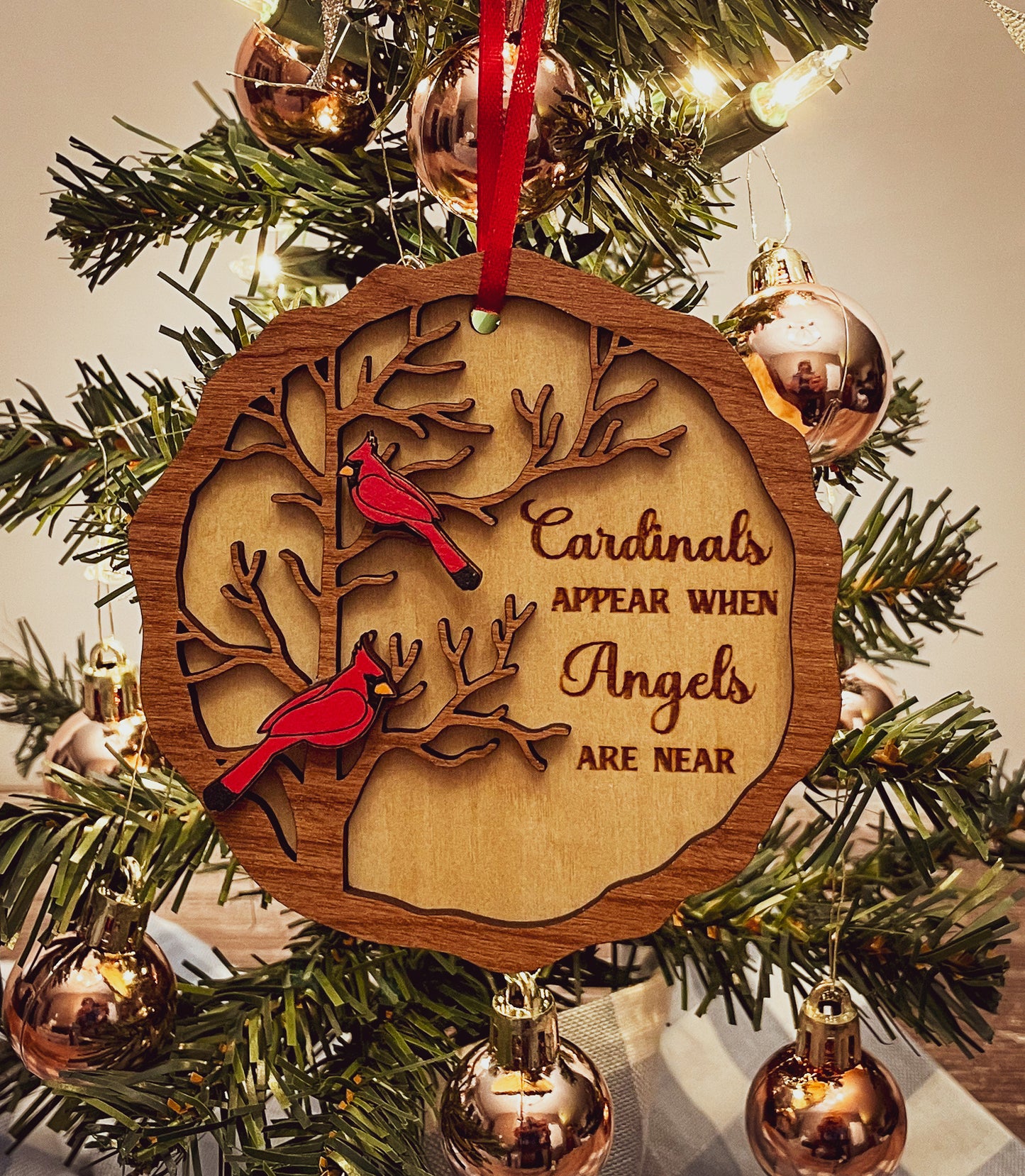 Cardinal Remembrance Ornament - Cherry & Basswood Memorial, Laser Engraved Sympathy Gift, Loved Ones Tribute Christmas Decor