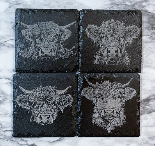 Charming Highland Cow Slate Coaster Set – Rustic Style, Set of 4