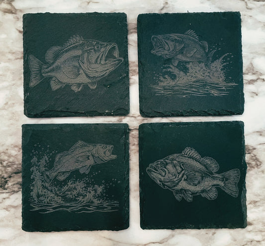 Stunning Bass Fish Slate Coasters – Set of 4 for Nature-Inspired Décor