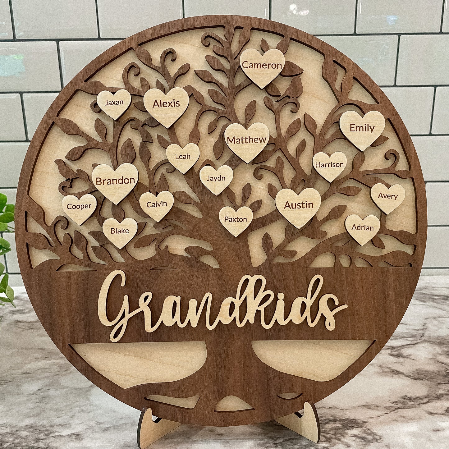 Personalized Family Tree Grandkids Sign | Walnut & Maple Plywood Keepsake for Home Decor | Custom Gift for Grandparents