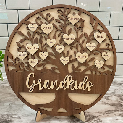 Personalized Family Tree Grandkids Sign | Walnut & Maple Plywood Keepsake for Home Decor | Custom Gift for Grandparents