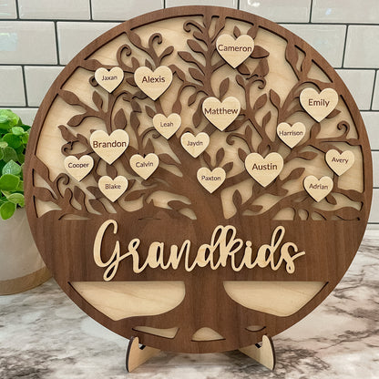 Personalized Family Tree Grandkids Sign | Walnut & Maple Plywood Keepsake for Home Decor | Custom Gift for Grandparents