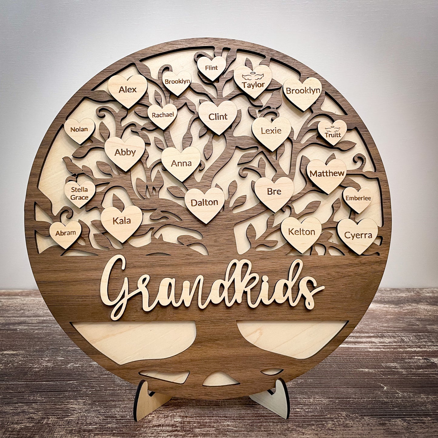 Personalized Family Tree Grandkids Sign | Walnut & Maple Plywood Keepsake for Home Decor | Custom Gift for Grandparents