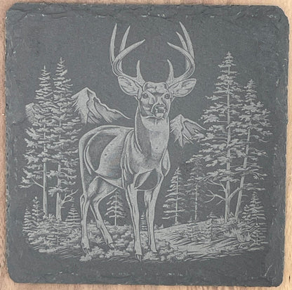 Elevate Your Home Décor with Our Four-Pack Slate Coasters Featuring Stunning Deer Scenes