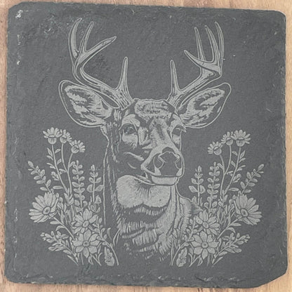 Elevate Your Home Décor with Our Four-Pack Slate Coasters Featuring Stunning Deer Scenes