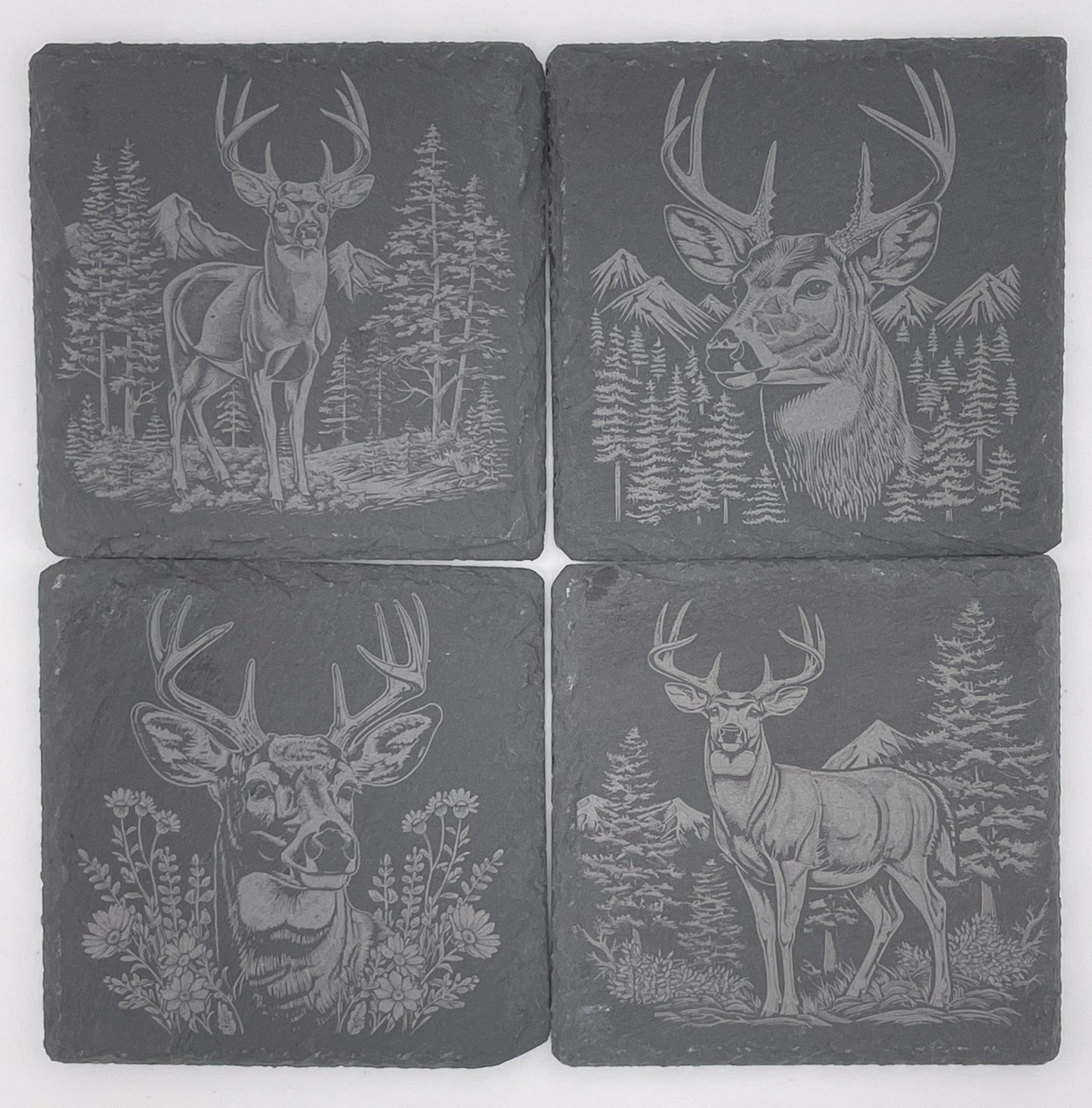 Elevate Your Home Décor with Our Four-Pack Slate Coasters Featuring Stunning Deer Scenes