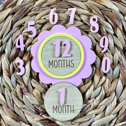 Flower Baby Milestone Set – Personalized Monthly Markers for Baby Photos – Wooden Disc Keepsake – Acrylic Number Set – Name Add-On