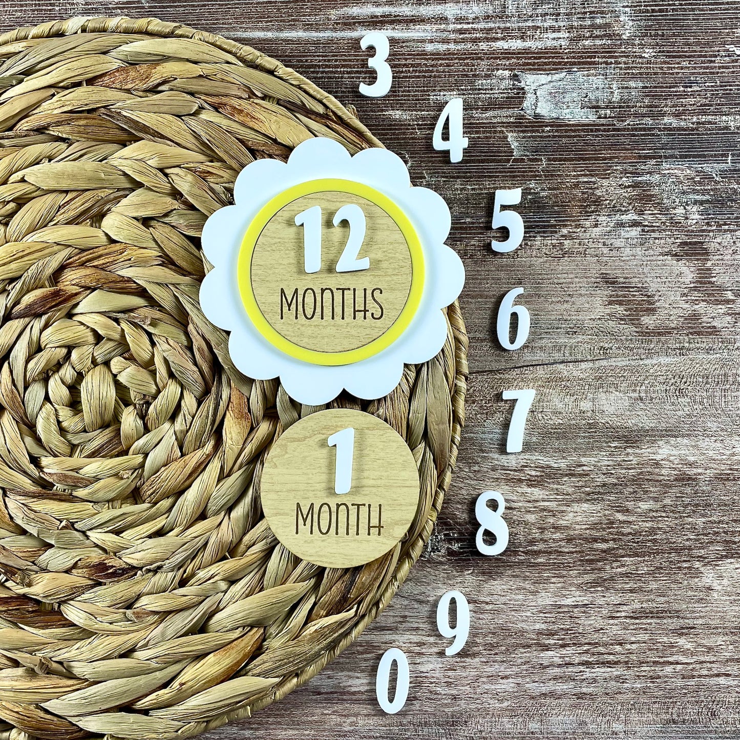 Flower Baby Milestone Set – Personalized Monthly Markers for Baby Photos – Wooden Disc Keepsake – Acrylic Number Set – Name Add-On